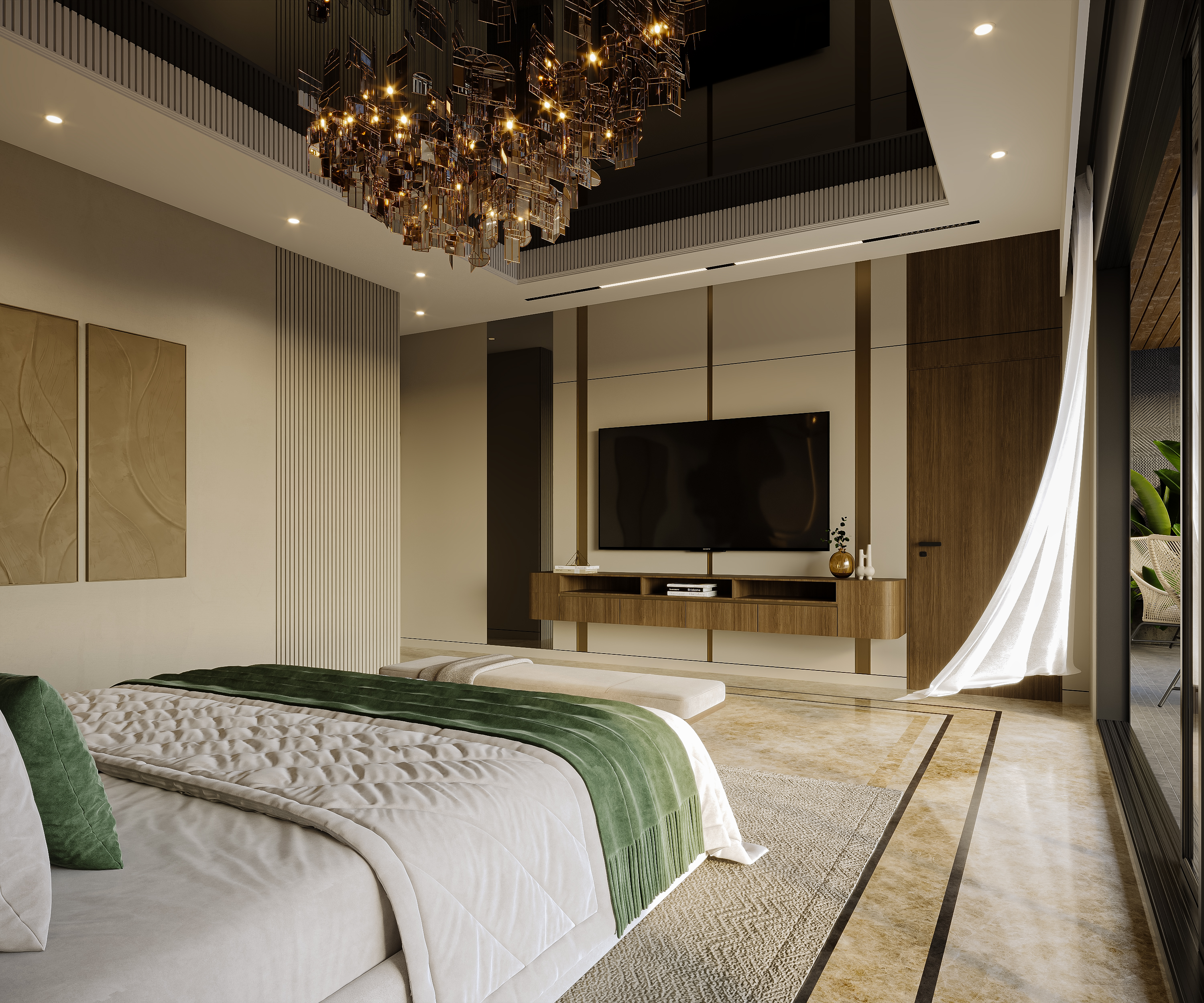 Contemporary Residence – Suite Bedroom 1 - TV Wall, architectural 3D visualisation by Form Arc Visuals
