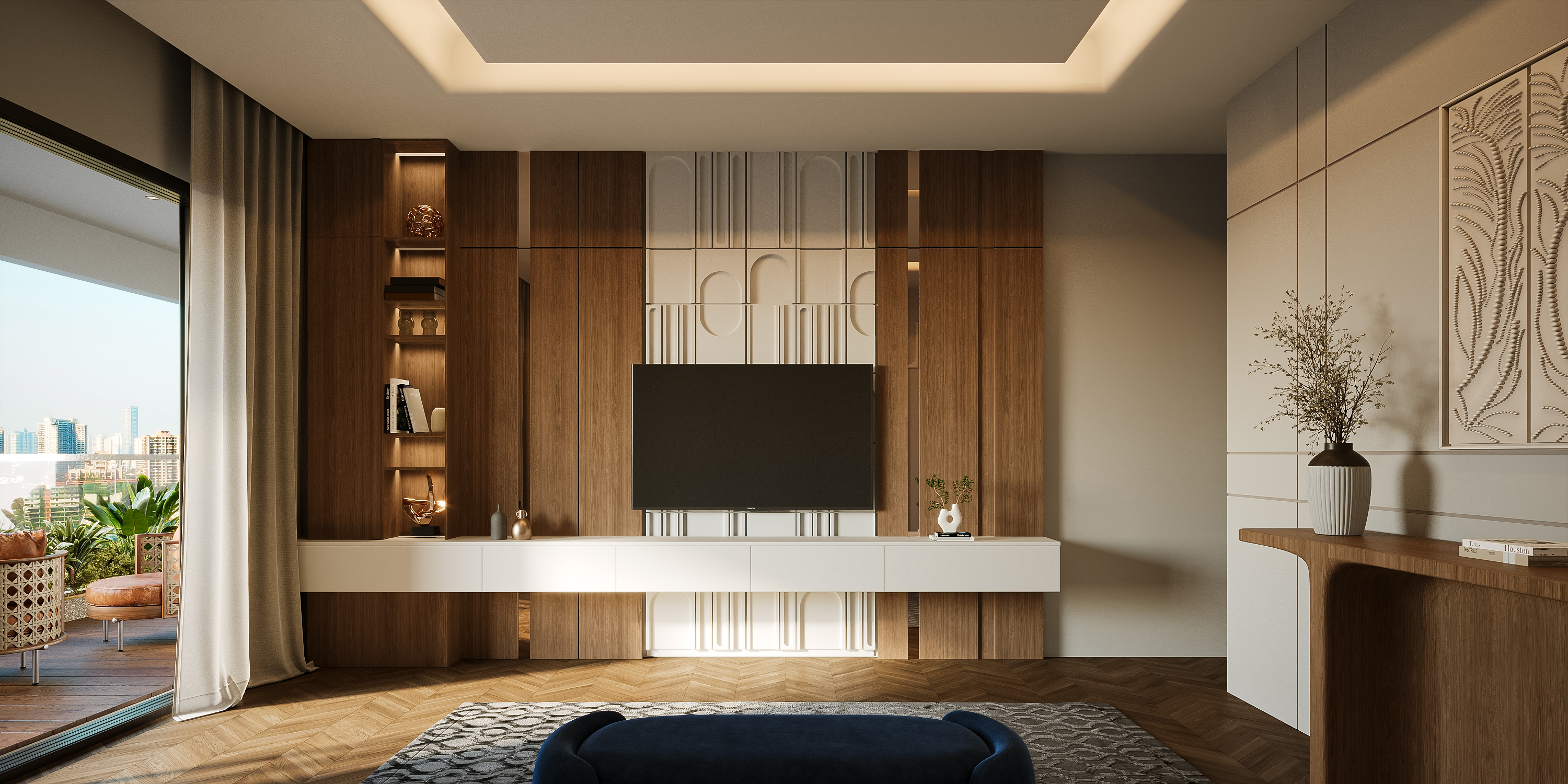 Contemporary Residence – Suite Bedroom 2 - TV Wall, architectural 3D visualisation by Form Arc Visuals