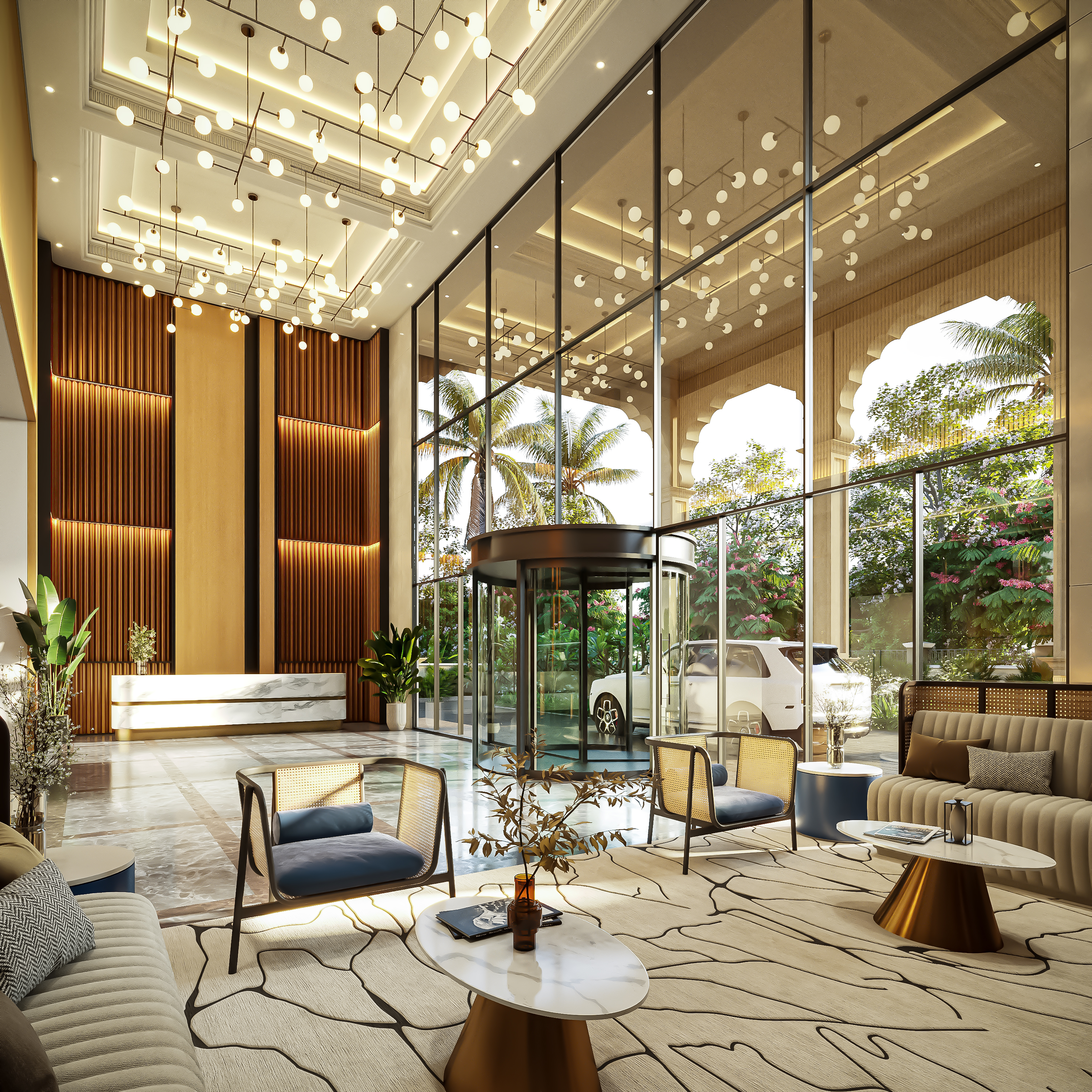 Double-Height Grand Lobby – Lounge Seating, architectural 3D visualisation by Form Arc Visuals
