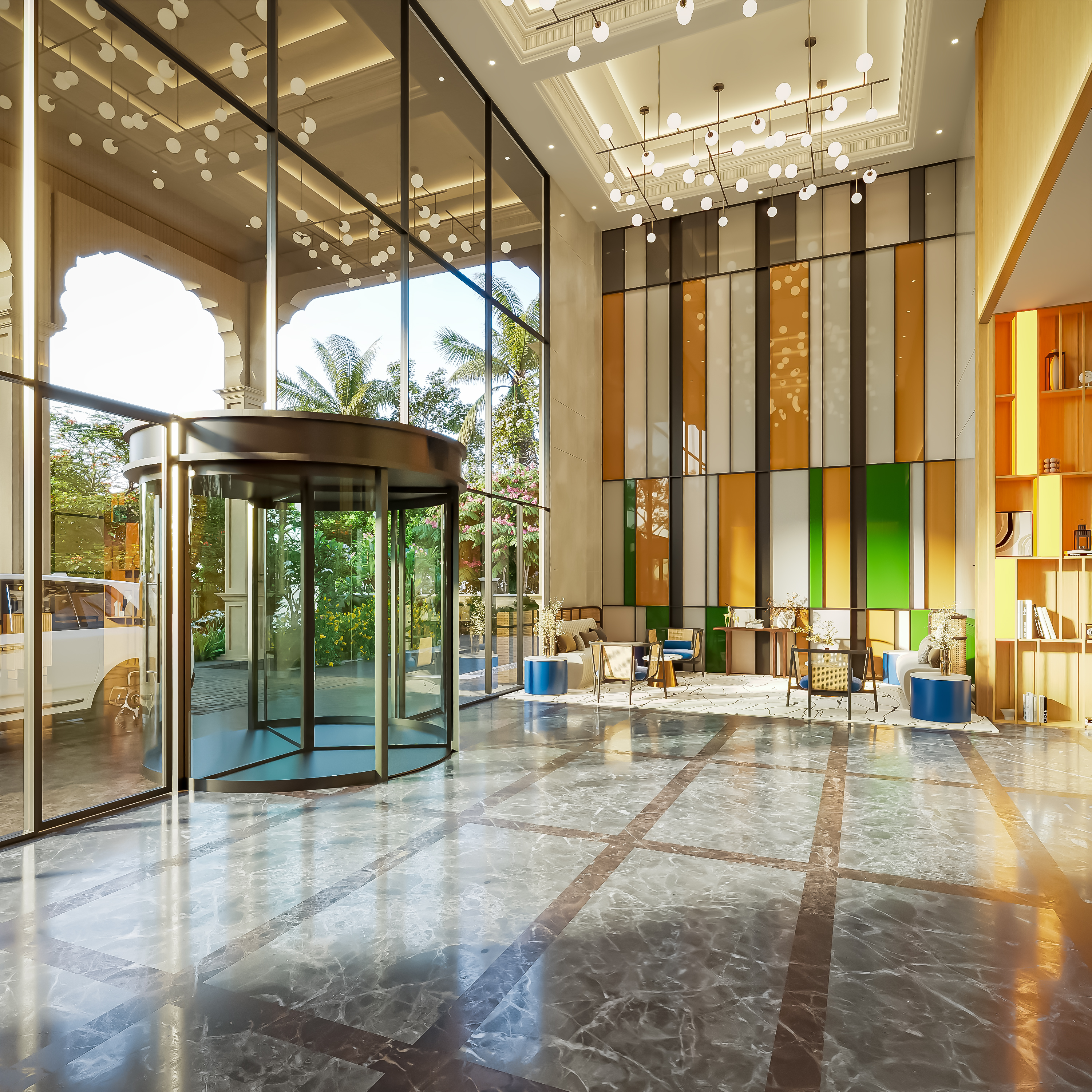 Double-Height Grand Lobby – Entrance - Revolving Door, architectural 3D visualisation by Form Arc Visuals
