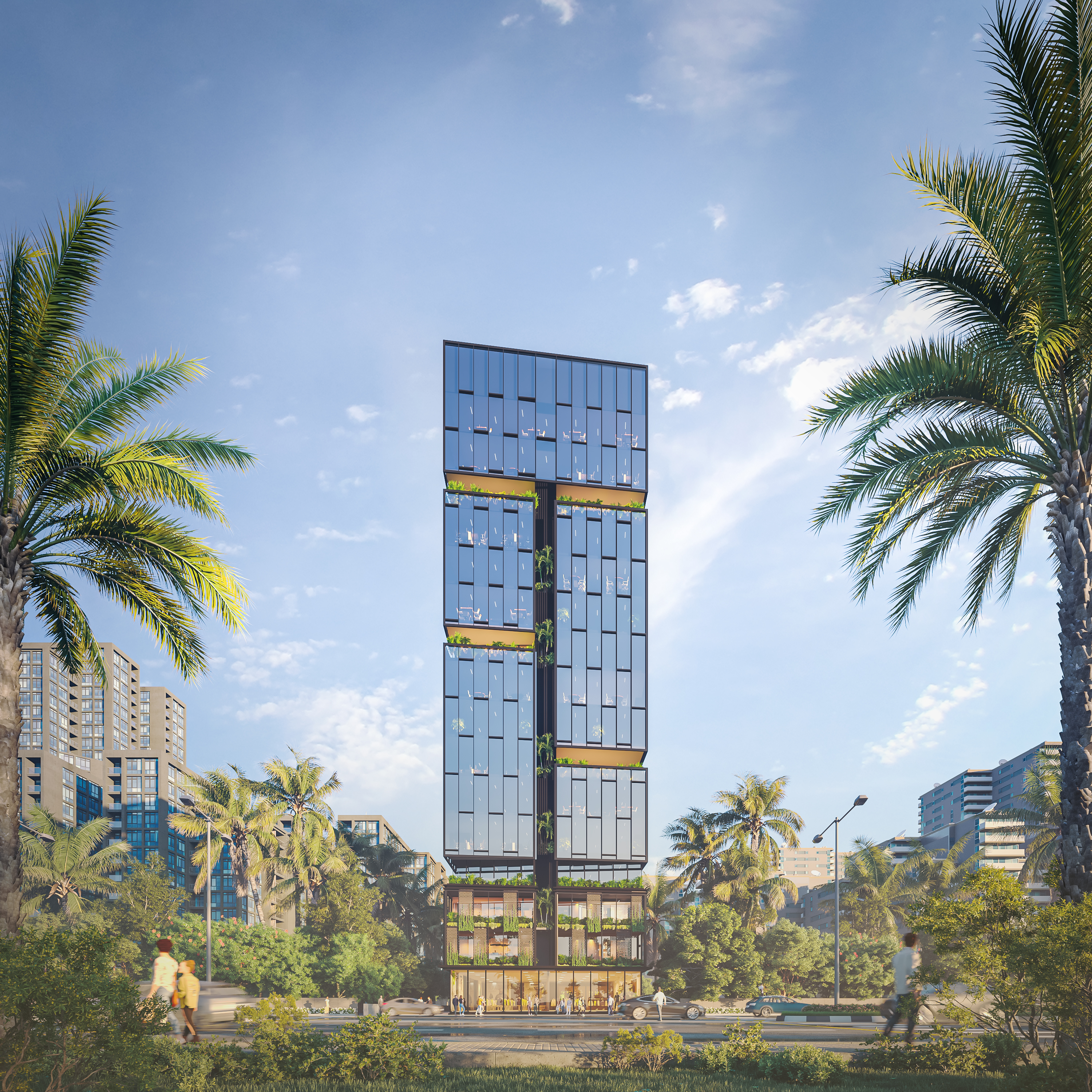 Glass Office Tower – Front Elevation - Day, architectural 3D visualisation by Form Arc Visuals