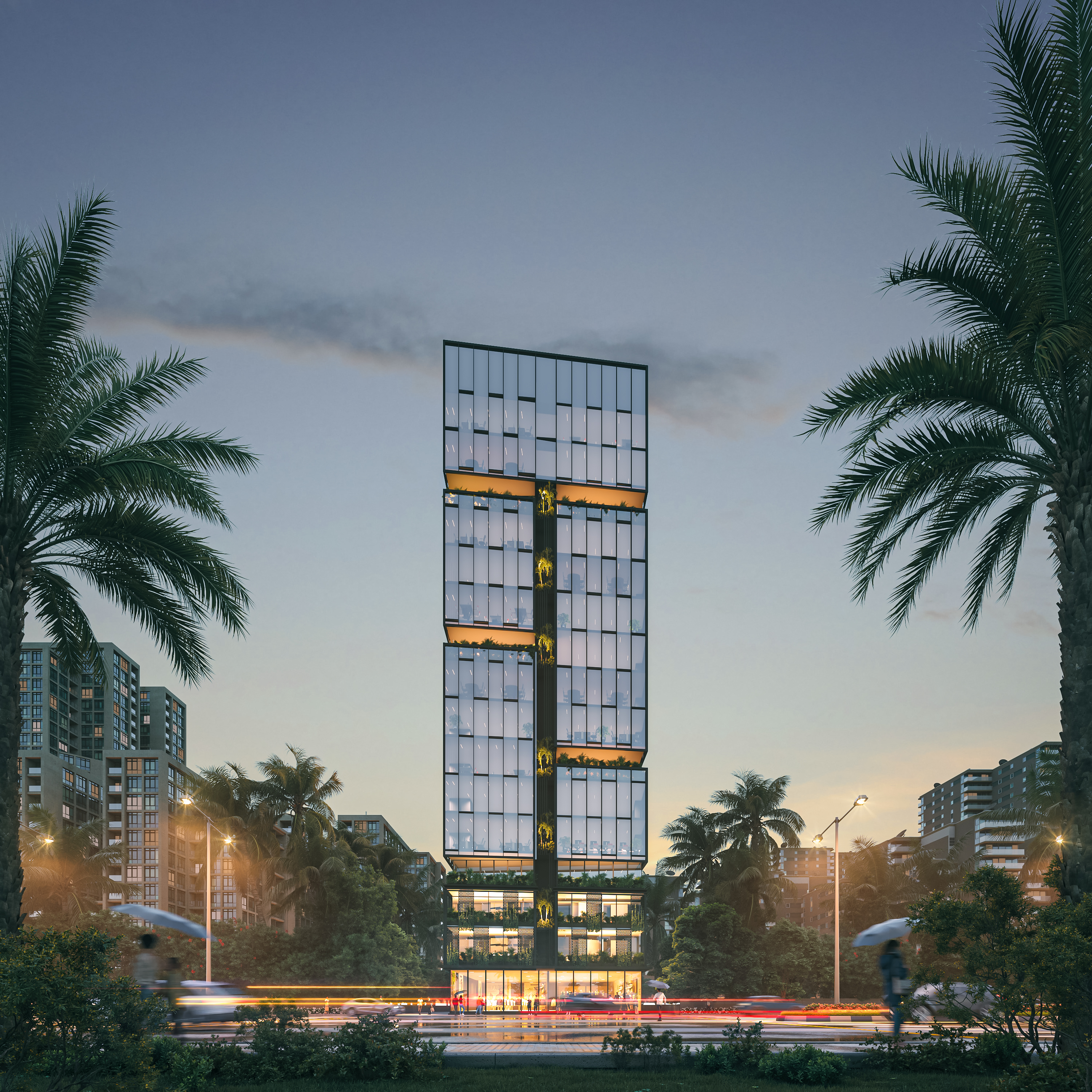 Glass Office Tower – Front Elevation - Dusk, architectural 3D visualisation by Form Arc Visuals