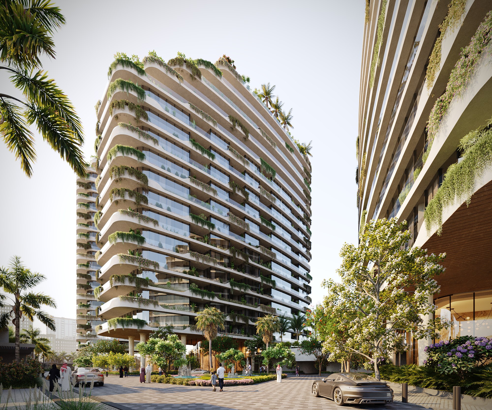 Green Terraced Tower – Street View, architectural 3D visualisation by Form Arc Visuals