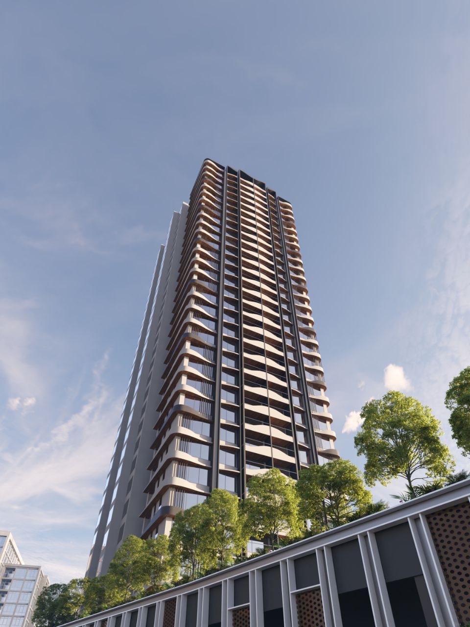 Residential Tower & Arrival Court – Tower Upward View, architectural 3D visualisation by Form Arc Visuals